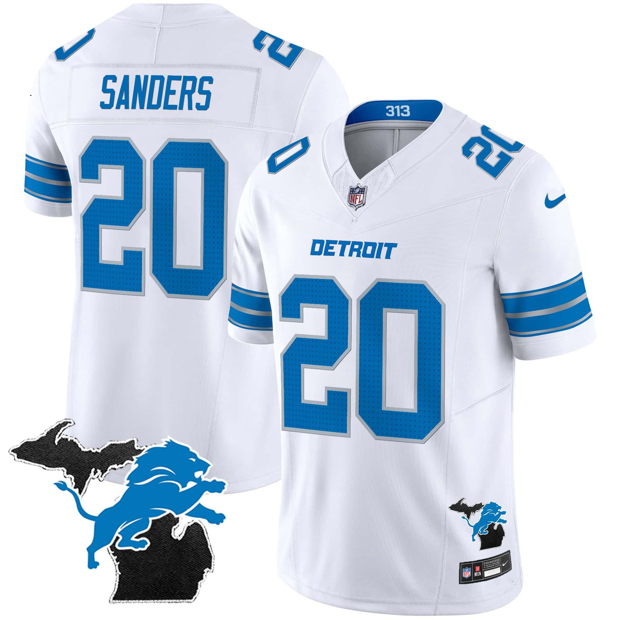 Men Detroit Lions #20 Sanders White 2024 Nike Michigan Patch Vapor Limited NFL Jersey